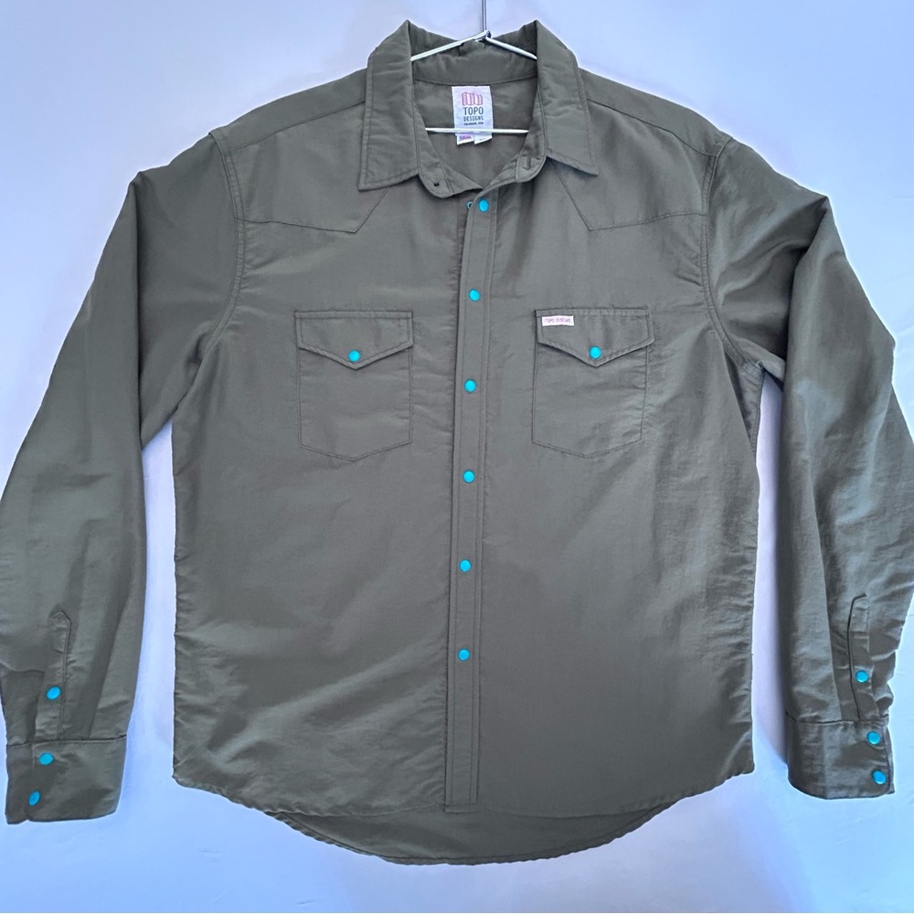 Topo Designs Shirt XL Olive Green Snap Button Long Sleeve Outdoor